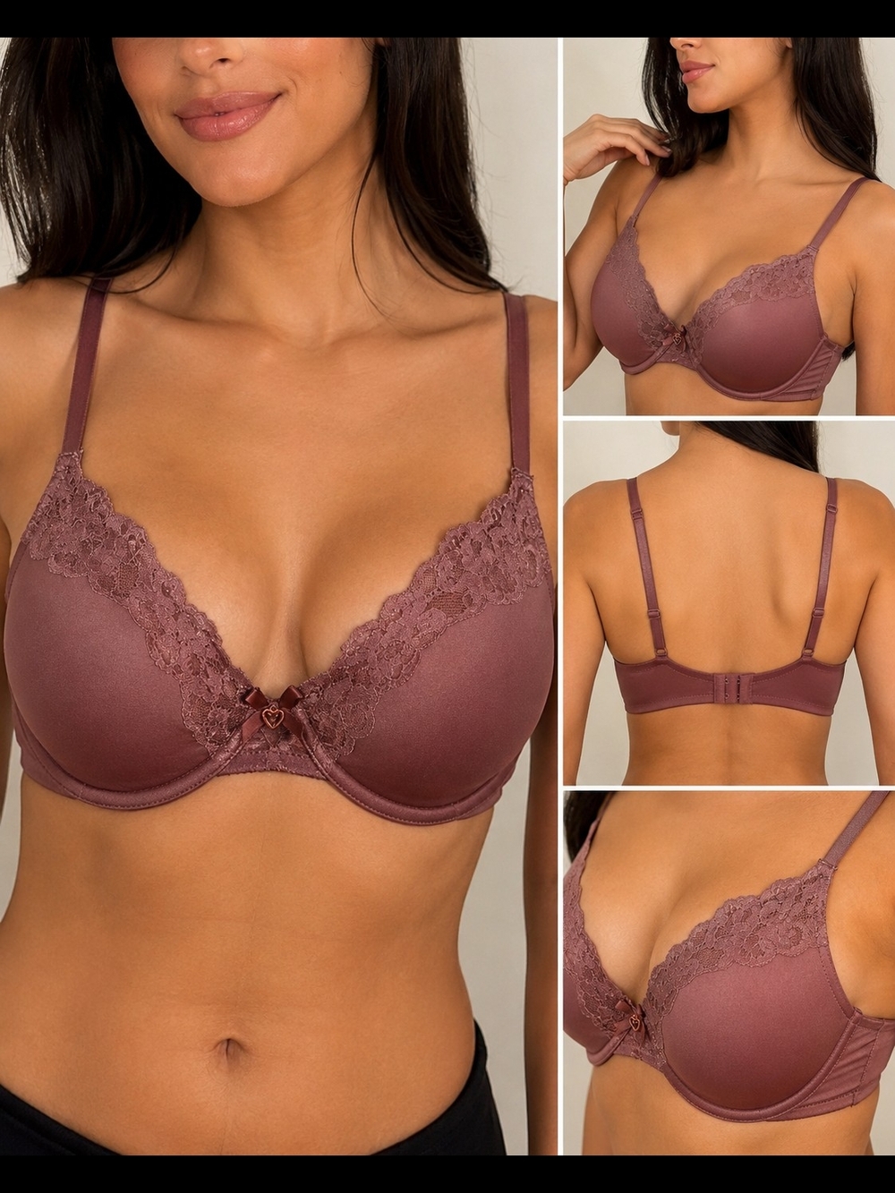 Victoria's Secret 36C Mauve Lace Perfect Coverage Underwire Bra Padded Satin.